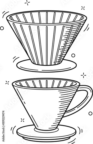Line art illustration of two pour over coffee drippers for manual brewing at home