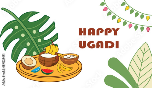 happy ugadi festival celebration with traditional food platter and decorative elements