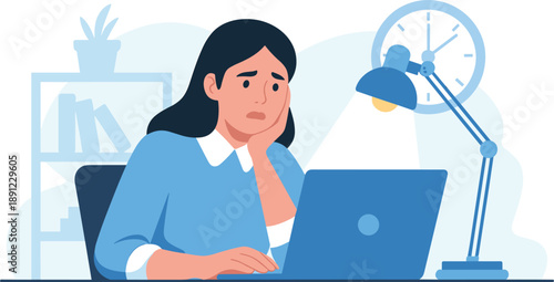 Flat vector illustration of a tired and stressed young woman working on a laptop at a desk late at night under lamp light