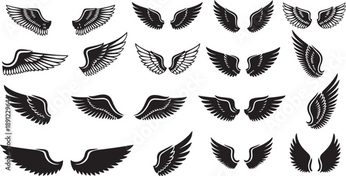 black wings badge set. Bird wings, angel wings elements. Aviation pilot patch badge. Heraldic vintage army insignia emblem falcon phoenix hawk.