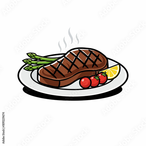 Vector illustration of juicy beef steak served with lemon slices and cherry tomatoes on the side.
