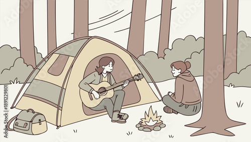 Outdoor camping scene with friends playing guitar near campfire in forest forest