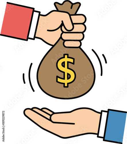 A hand delivers a money bag with a dollar sign to another person's open hand during a financial exchange
