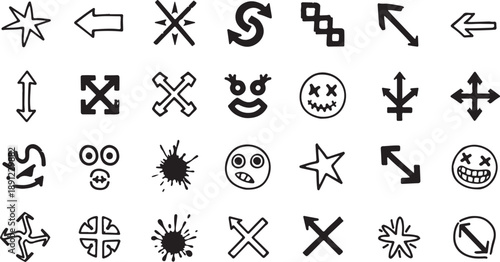 Hand drawn doodle graphic symbols and signs collection on white background