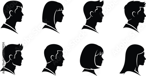Black silhouettes of eight people with different hairstyles silhouettes, people, heads, profiles, hairstyles, black, white background, side views, faces, human profiles, eight, different, various, whi