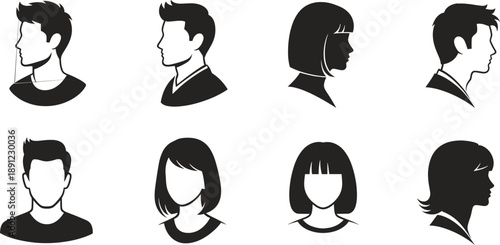 Black and white silhouettes of eight people with various hairstyles silhouettes, people, heads, faces, hairstyles, black and white, profiles, side views, front views, avatars, human figures, white bac