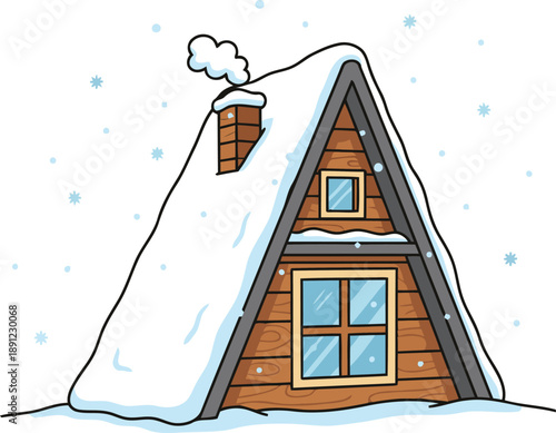 A charming cartoon A-frame cabin covered in a thick blanket of snow during winter