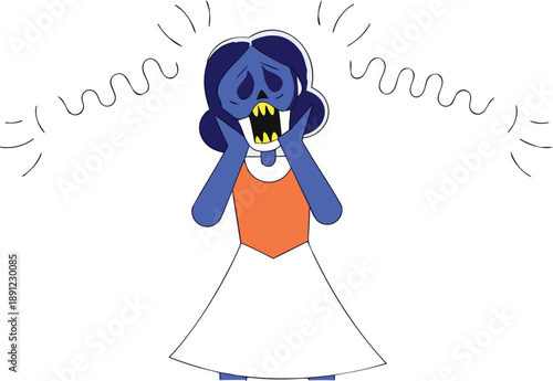scared skeleton woman with open mouth and waving lines expressing fright