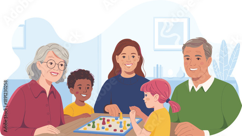 Happy Multigenerational Family with Grandparents Mother and Children Playing Board Game Together at Home for Bonding Education Fun and Quality Time Illustration Concept