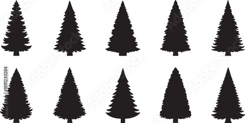 Collection of nine distinct black silhouette forest landscapes with varied evergreen tree densities and shapes