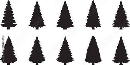 Collection of nine distinct black silhouette forest landscapes with varied evergreen tree densities and shapes