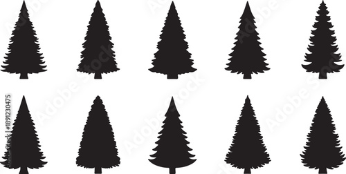Collection of nine distinct black silhouette forest landscapes with varied evergreen tree densities and shapes