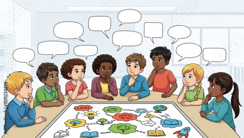 Diverse group of children engaged in board game discussion in classroom setting with speech bubbles