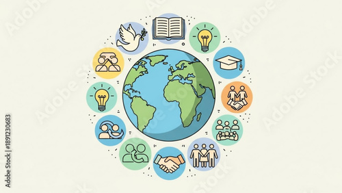 Global connections and education icons around the earth symbolizing international relationships learning and progress