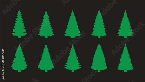 Collection of nine distinct black silhouette forest landscapes with varied evergreen tree densities and shapes