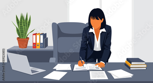 A professional in a navy suit leans over her desk to diligently write in a planner, surrounded by a laptop, scattered papers, and a tall snake plant in this modern flat vector illustration