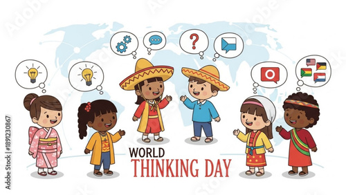 Diverse children celebrating world thinking day with thought bubbles