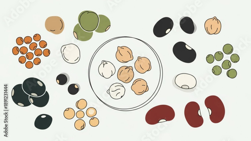 Assorted beans and legumes spread on a plate and around it on a table