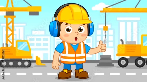 Animated Construction Worker with Safety Gear in Cartoon Style.