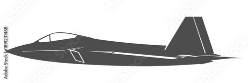 Silhouette F-22 military aircraft design from side view. Minimalist vector illustrations f22 fighter jet in black and white color from lateral. Monochrome drawing united states modern combat aeroplane