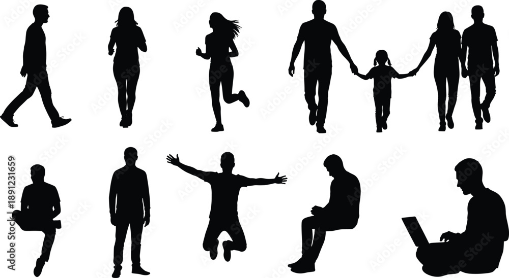 Obraz premium Black silhouettes of people in various poses on white background silhouettes, people, black, white background, walking, running, jumping, sitting, working on laptop, holding hands, family, individuals