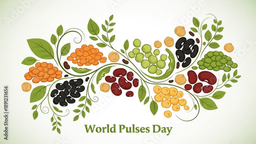Vibrant illustration of various colorful pulses and legumes with leaves on white background celebrating world pulses day