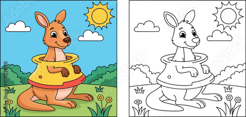 Cute cartoon kangaroo standing in a sunny field wearing a yellow ring. Happy Australian animal vector illustration for kids with nature background and blue sky.