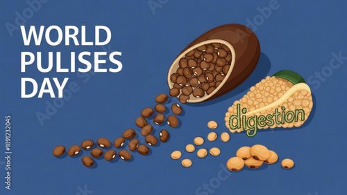 World pulses day poster with legumes and digestion concept on blue background