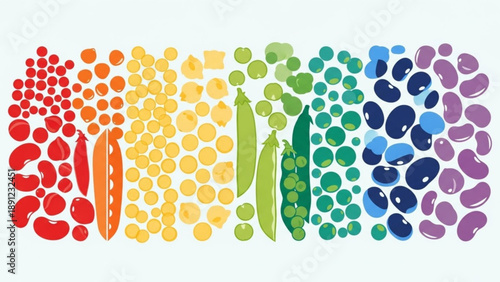 Vibrant rainbow colored vegetable and bean pattern on white background healthy food concept