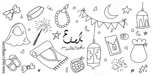 Eid mubarak doodle elements with Islamic festive icons, hand drawn Eid mubarak symbols set line art vector, islamic eid celebration doodle collection outline style