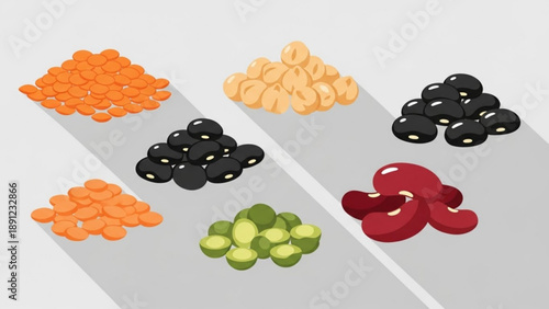 Assorted colorful beans and legumes in piles on grey surface including red kidney beans black beans chickpeas lentils and green peas