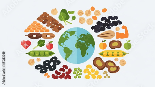 Variety of colorful fruits and vegetables around the globe healthy eating and nutrition concept earth surrounded by food
