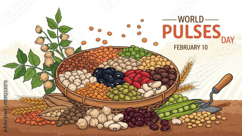 Assorted pulses and legumes in a wicker basket with gardening tool on wooden surface celebrating world pulses day on february 10