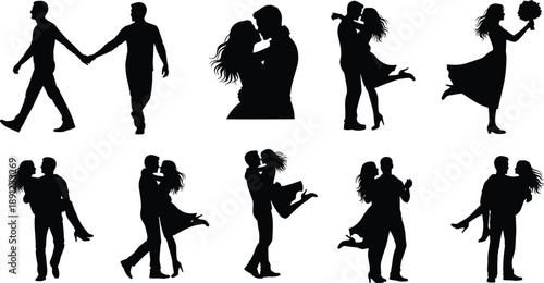 Black silhouettes of couples kissing holding hands dancing silhouettes, couples, kissing, holding hands, dancing, black, white background, romantic, love, relationships, people, figures, holding, hand