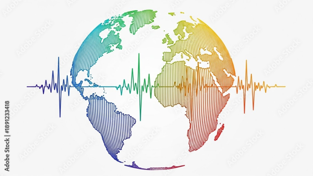 Fototapeta premium Vibrant earth globe with multicolor heartbeat line symbolizing global health and unity in diversity on white background