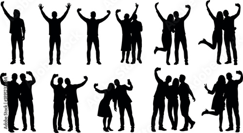 Happy people silhouettes celebrating success together, joyful couples and friends raising hands, expressing victory, teamwork and positive emotions isolated on white background