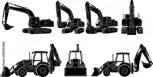 Heavy construction excavator and backhoe loader silhouettes set showing multiple views for industrial machinery, earthmoving equipment, engineering, building, mining, and infrastructure projects