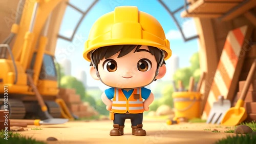 Cartoon Construction Worker Character at a Construction Site.