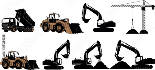Heavy construction machinery silhouettes set featuring excavators, wheel loaders, dump trucks, tower crane, earthmoving operations, industrial vehicles, and infrastructure development illustration