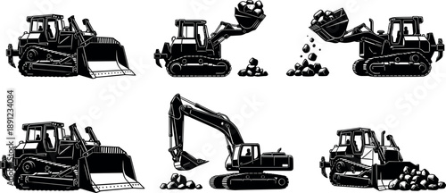 Heavy earthmoving machinery silhouette set featuring bulldozers and loading , mining operations, construction equipment workflow, industrial vehicles, and material handling illustration