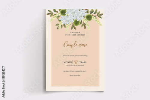 WEDDING INVITATION FRAME WITH FLOWER DECORATIONS AND FRESH LEAVES