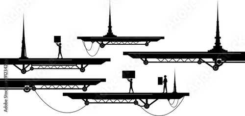 Industrial platform silhouettes with workers carrying boxes, construction stages, supports, urban infrastructure concept, minimal engineering design, and modern architectural illustration