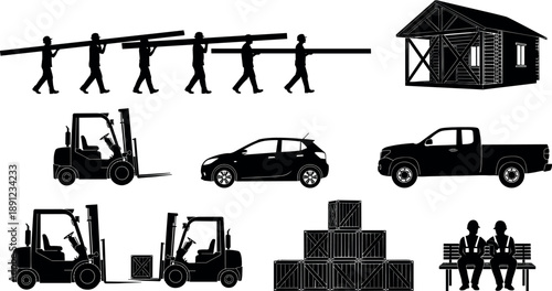 Industrial work and transportation silhouettes collection construction , forklifts, vehicles, cargo boxes and warehouse activities, black vector illustrations isolated on white background