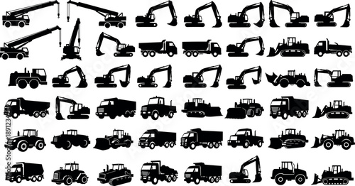 Large construction machinery silhouettes collection featuring excavators, cranes, dump trucks, bulldozers and heavy industrial vehicles for engineering projects isolated on white background