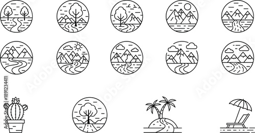 Minimal nature landscape line icons set featuring mountains rivers trees islands desert beach cactus and outdoor scenery symbols for travel environment logos and stock design use