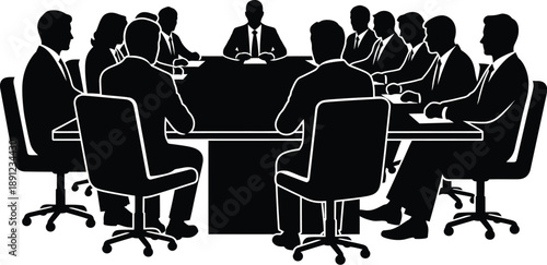 Business people sitting around a conference or boardroom table for a meeting. Group discussion or a presentation scenario. Seated on chairs, with some appearing to take notes. 