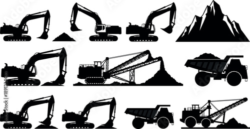 Mining and excavation machinery silhouettes collection featuring excavators, dump trucks, conveyor systems and mountains illustrating heavy industrial mining operations isolated on white background