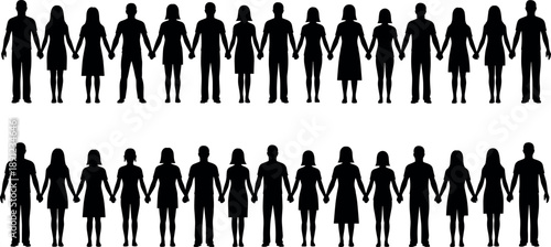 People holding hands silhouette collection showing men and women standing together in unity, teamwork, equality, and community concepts isolated on white background