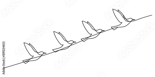Minimalist continuous line art drawing of a flock of birds flying upward Vector, illustration