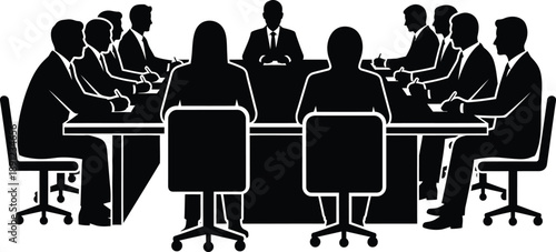 Business people sitting around a conference or boardroom table for a meeting. Group discussion or a presentation scenario. Seated on chairs, with some appearing to take notes. 
